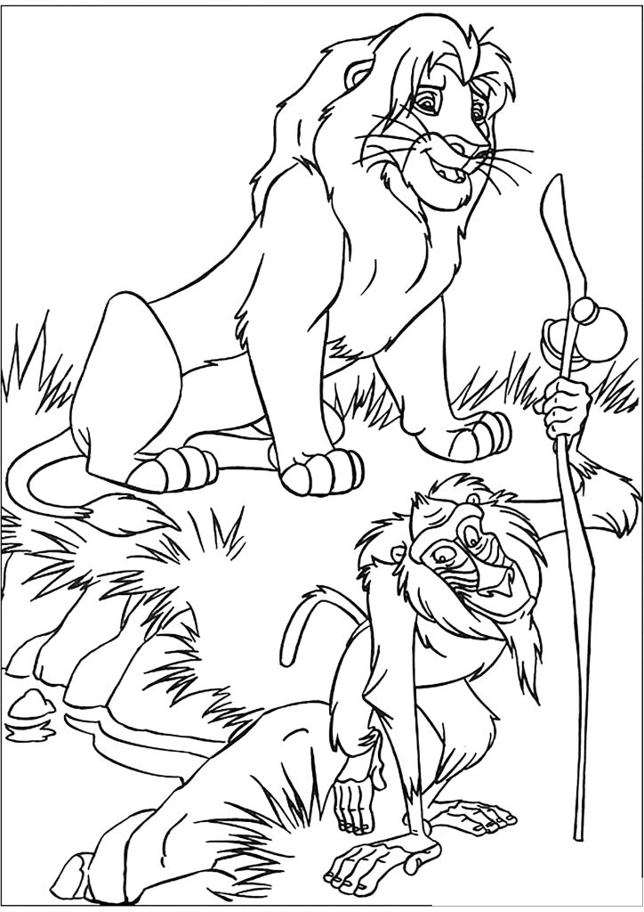 Dibujo de El Rey León: Simba y Rafiki para colorear — gratis en PDF