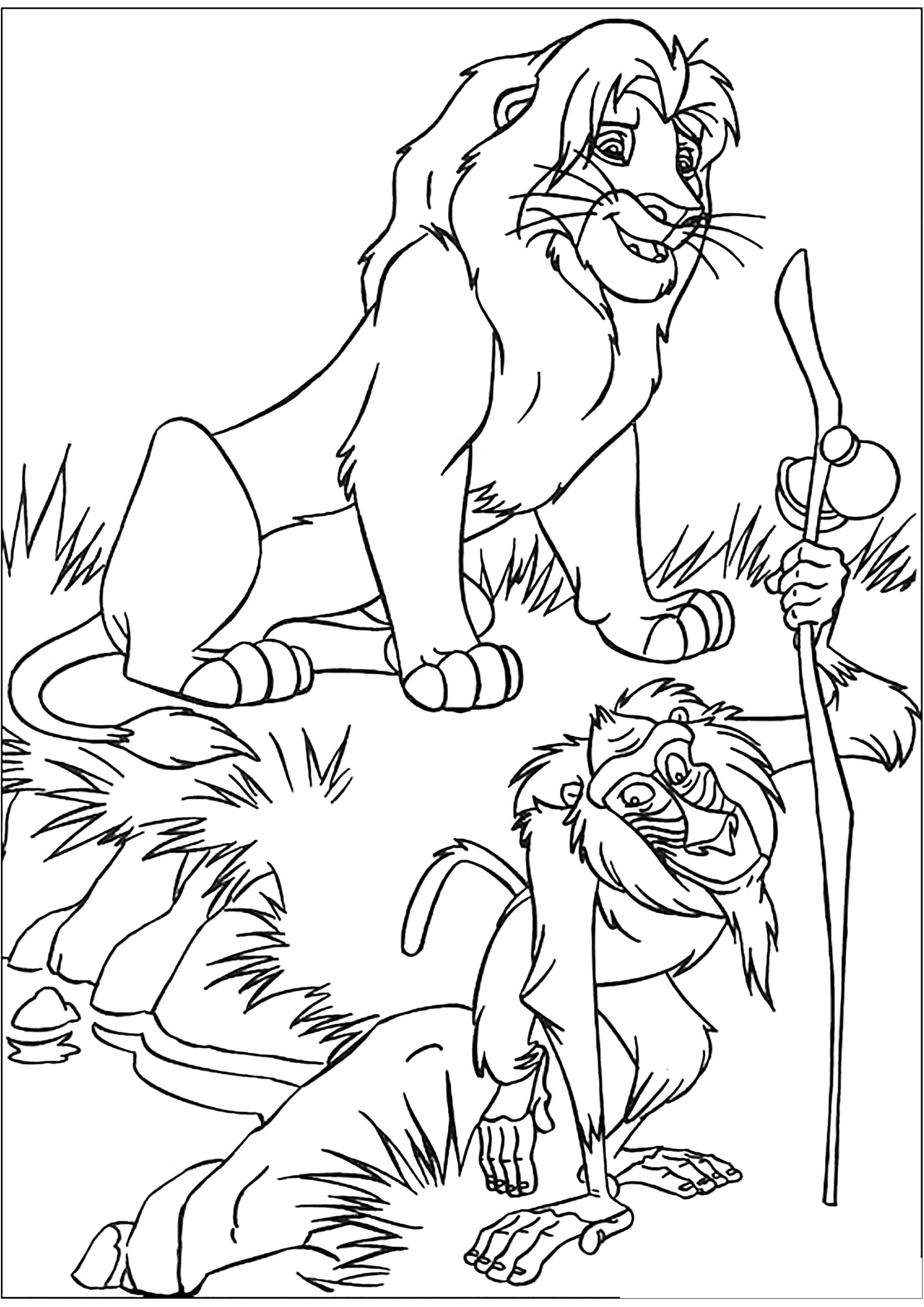 Dibujo de El Rey León: Simba y Rafiki para colorear — gratis en PDF