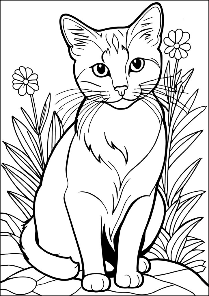 Dibujo de gatito con flores para colorear — gratis en PDF