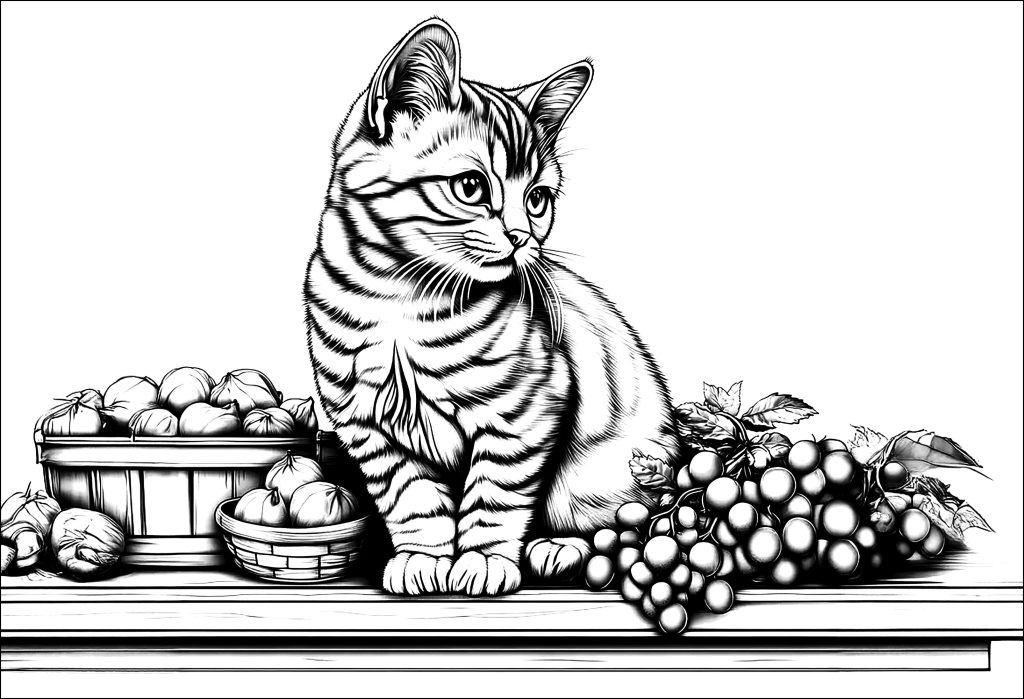 Dibujo de gatito con frutas para colorear — gratis en PDF