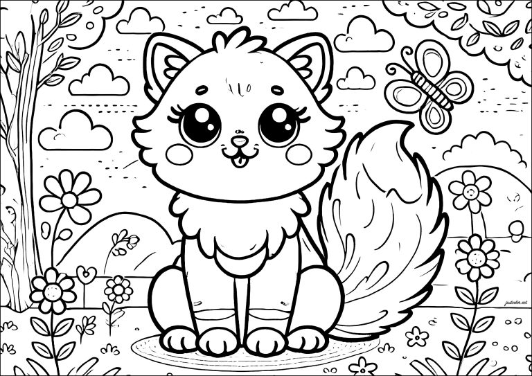 Dibujo de gatito con mariposa para colorear — gratis en PDF