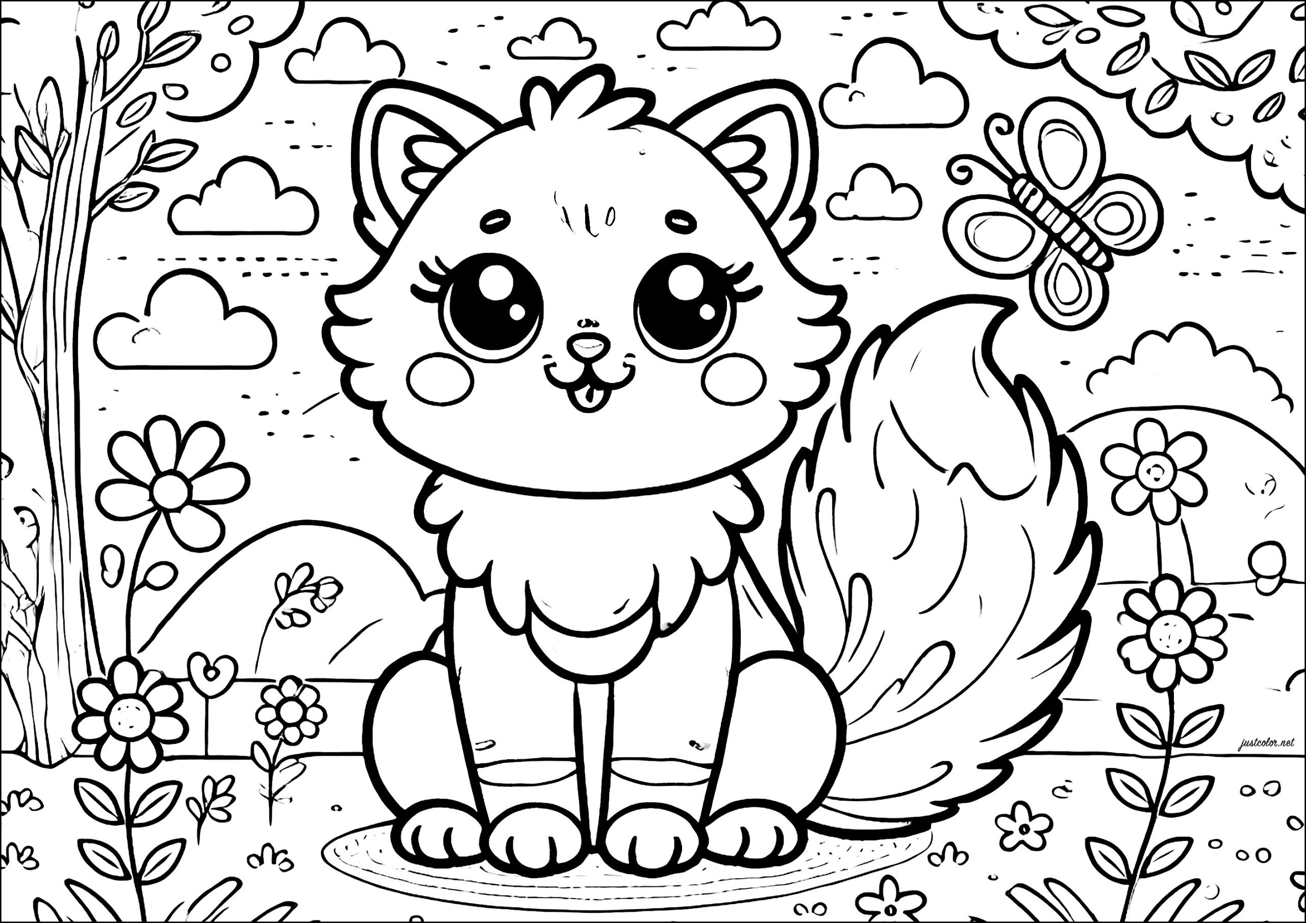 Dibujo de gatito con mariposa para colorear — gratis en PDF