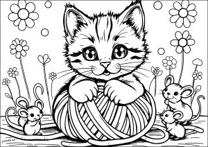 Dibujo de gatito con ovillo de lana para colorear — gratis en PDF