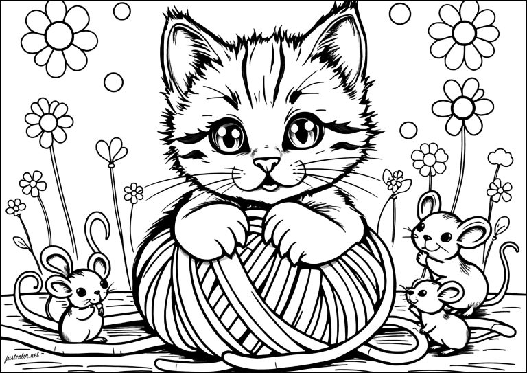 Dibujo de gatito con ovillo de lana para colorear — gratis en PDF