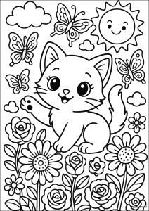 Dibujo de gatito en el jardín mágico para colorear — gratis en PDF