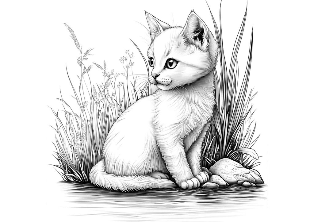 Dibujo de gatito en la naturaleza para colorear — gratis en PDF