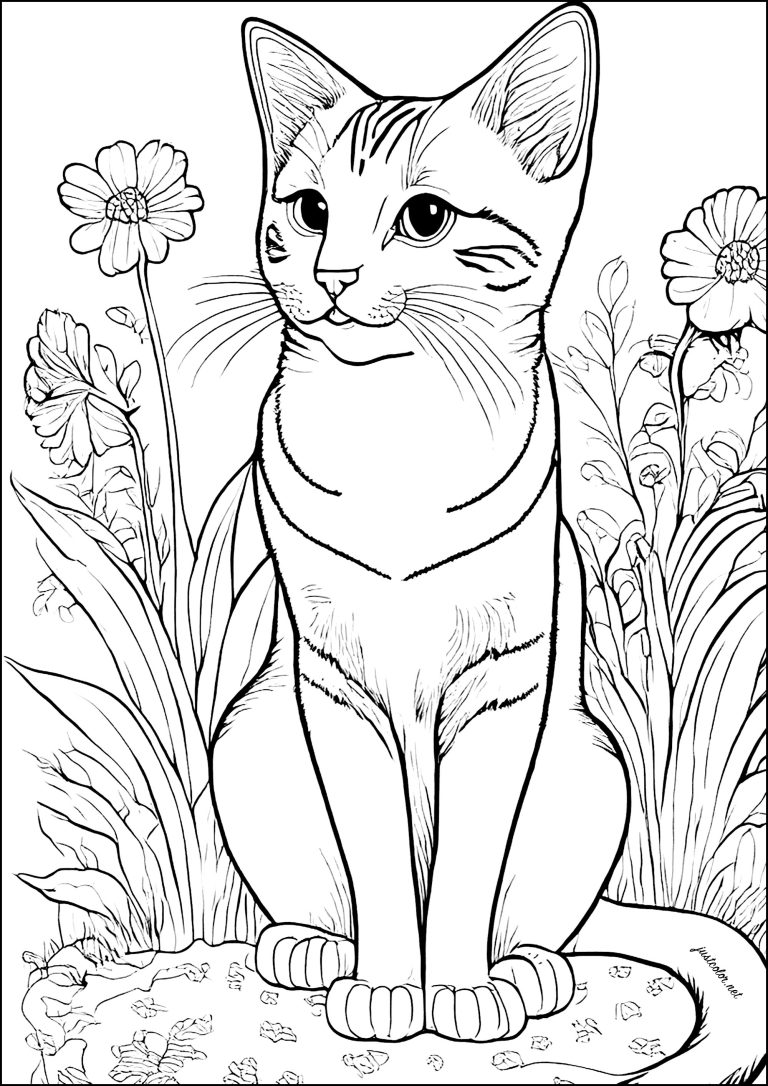Dibujo de gatito entre flores para colorear — gratis en PDF