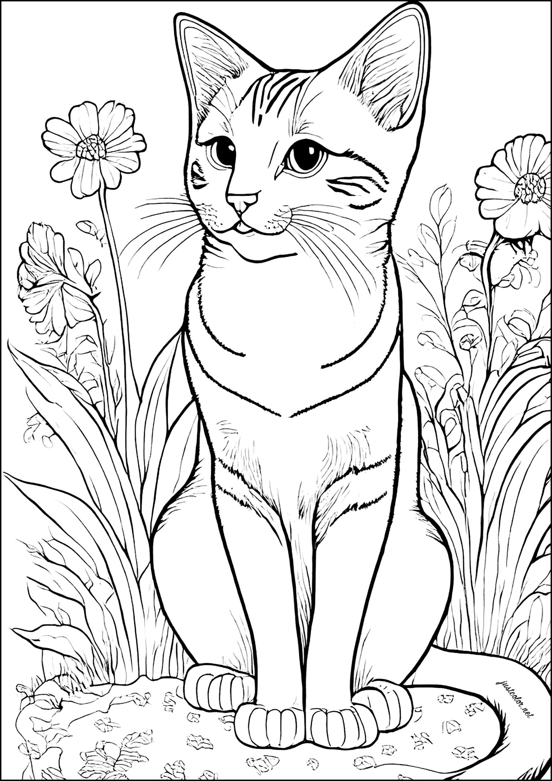 Dibujo de gatito entre flores para colorear — gratis en PDF