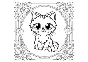 Dibujo de gatito entre flores para colorear — gratis en PDF