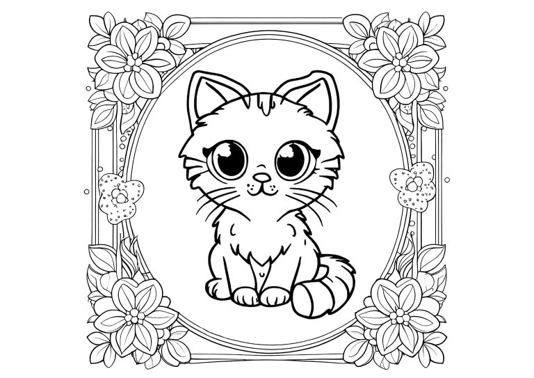 Dibujo de gatito entre flores para colorear — gratis en PDF