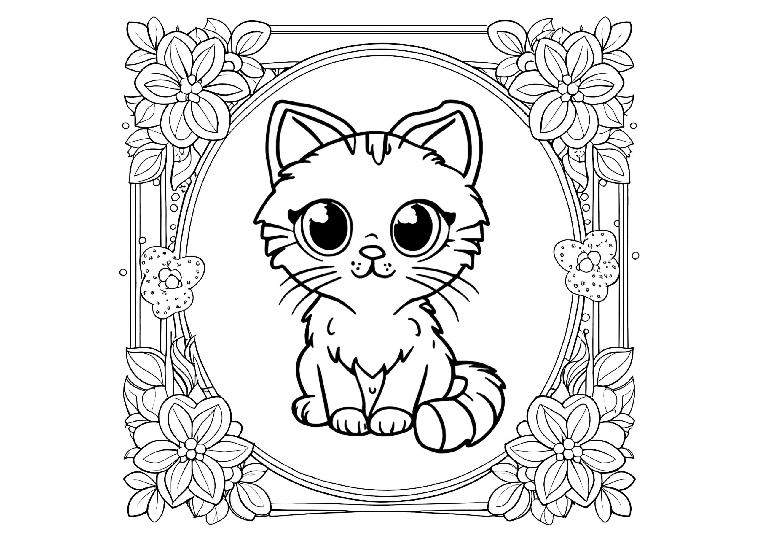 Dibujo de gatito entre flores para colorear — gratis en PDF