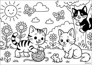 Dibujo de gatitos traviesos para colorear — gratis en PDF