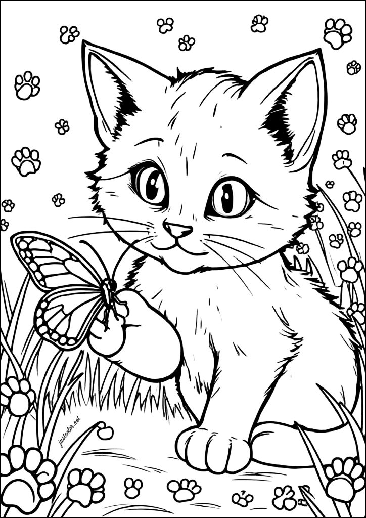 Dibujo de gato de ojos grandes con mariposa para colorear — gratis en PDF