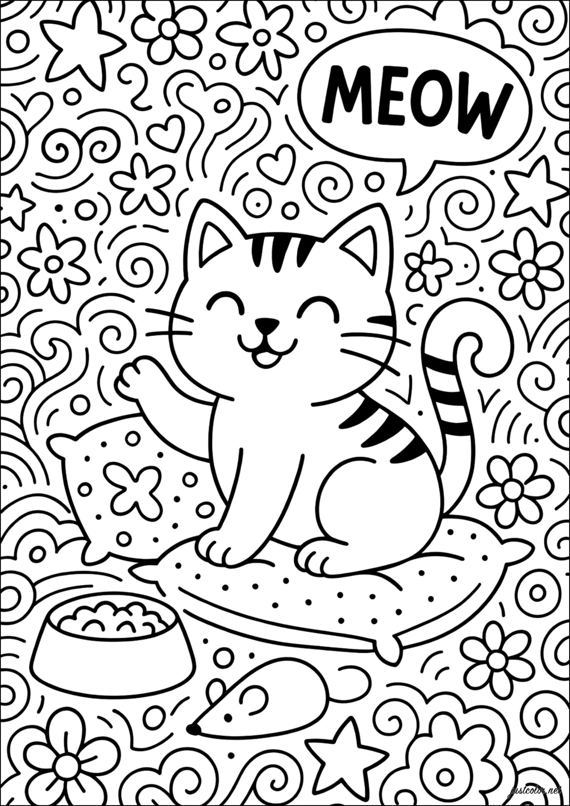Dibujo de gato feliz con flores para colorear — gratis en PDF