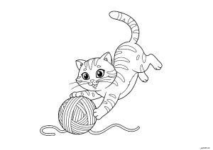 Dibujo de gato jugando con un ovillo para colorear — gratis en PDF