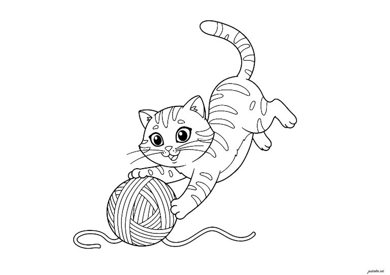 Dibujo de gato jugando con un ovillo para colorear — gratis en PDF