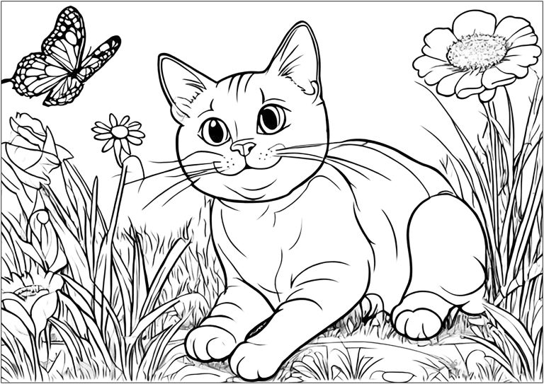 Dibujo de un gato y una mariposa para colorear — gratis en PDF