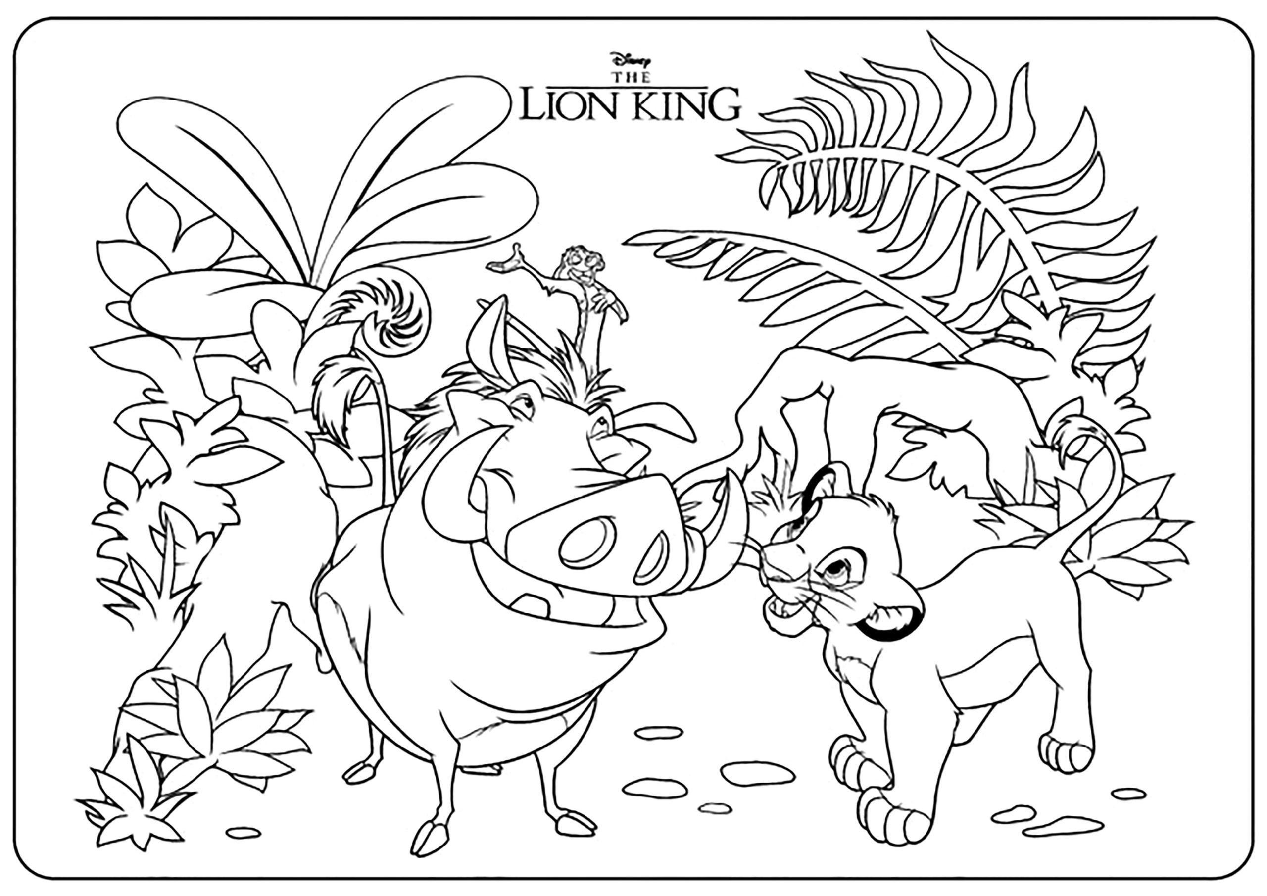 Dibujo de Simba, Timón y Pumba para colorear — gratis en PDF