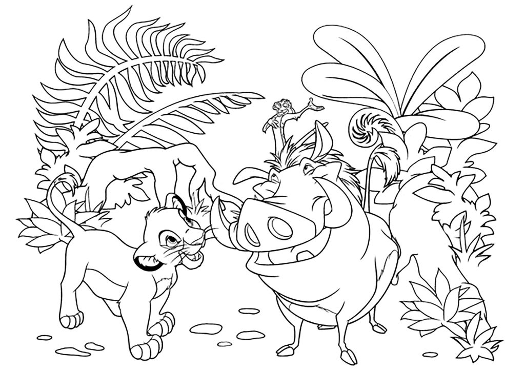 Dibujo de Timón, Pumba y Simba para colorear — gratis en PDF