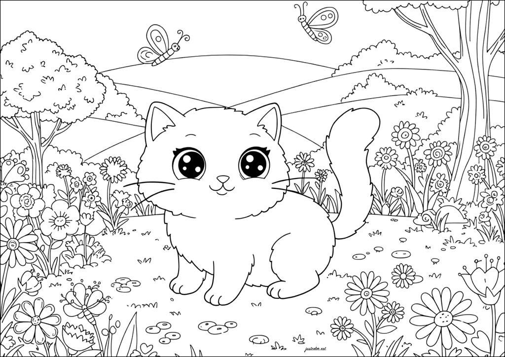 Dibujo de gatito con mariposas para colorear — gratis en PDF