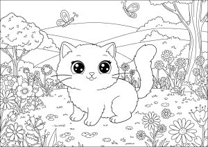 Dibujo de gatito con mariposas para colorear — gratis en PDF