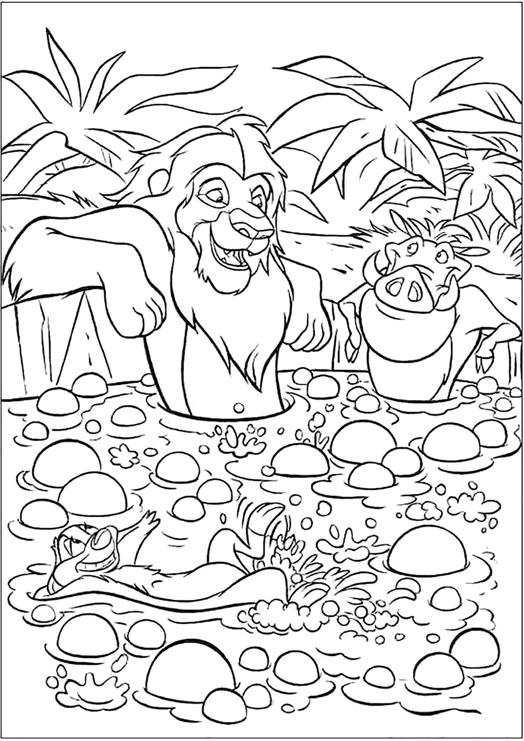 Dibujo de Simba, Timón y Pumbaa en su Baño de Barro para Colorear — ¡Gratis en PDF!