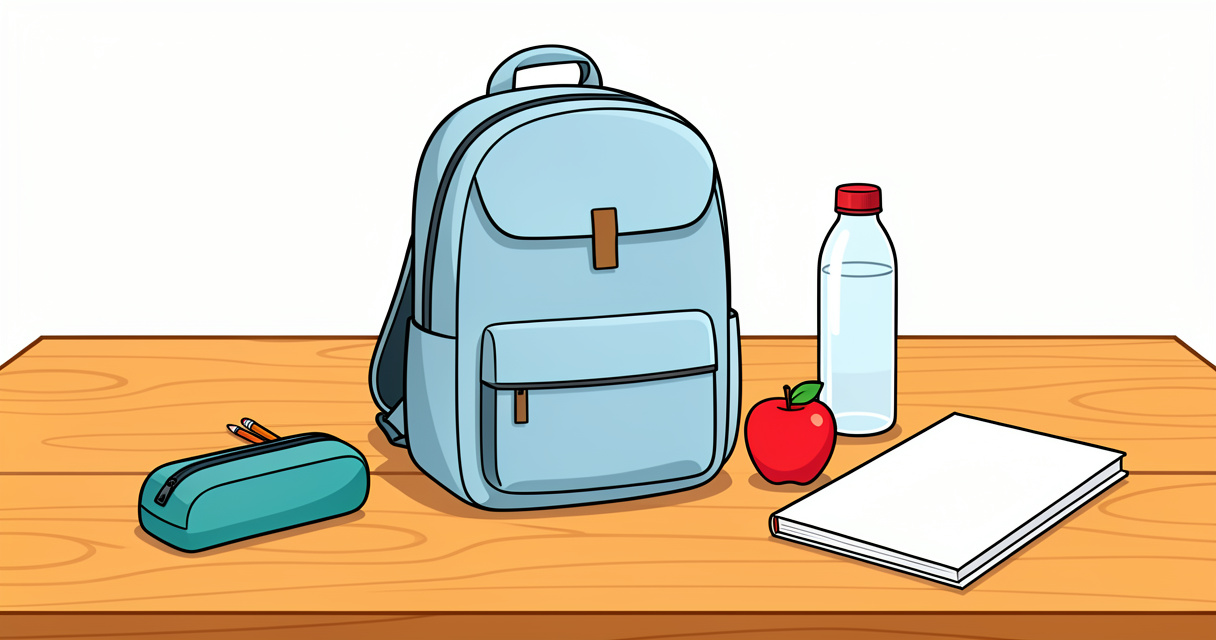 Mochila escolar minimalista con solo los imprescindibles sobre una mesa de madera