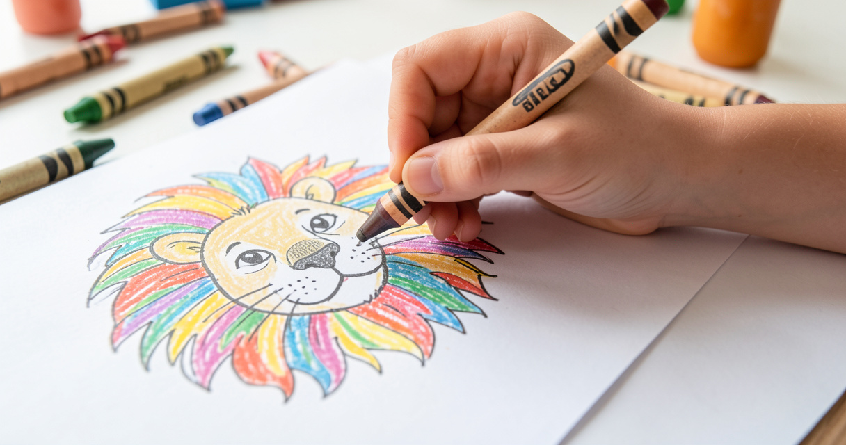 Niño coloreando un dibujo de león gratis para colorear con crayones de colores