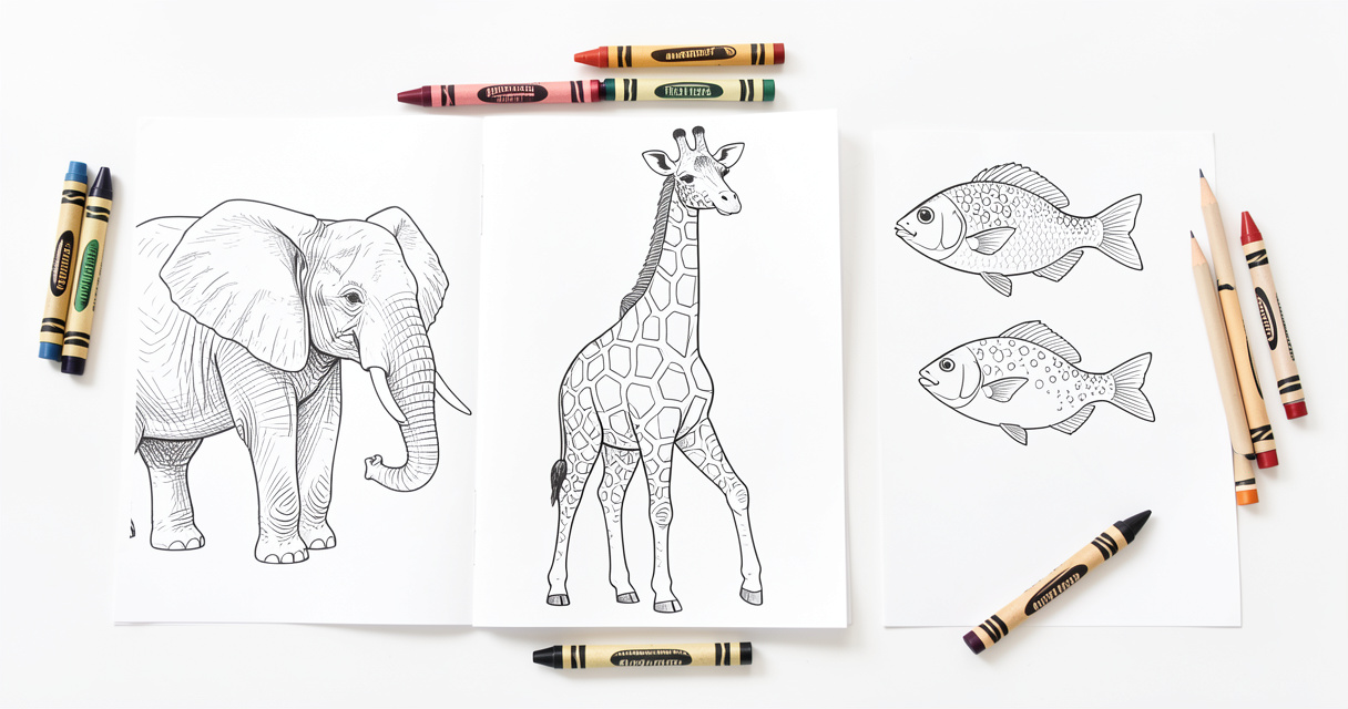 Láminas impresas de animales para colorear con lápices de colores sobre mesa blanca