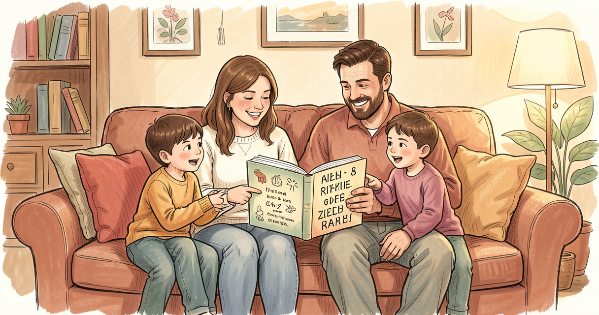 Familia disfrutando de acertijos infantiles en el sofá con libro de enigmas