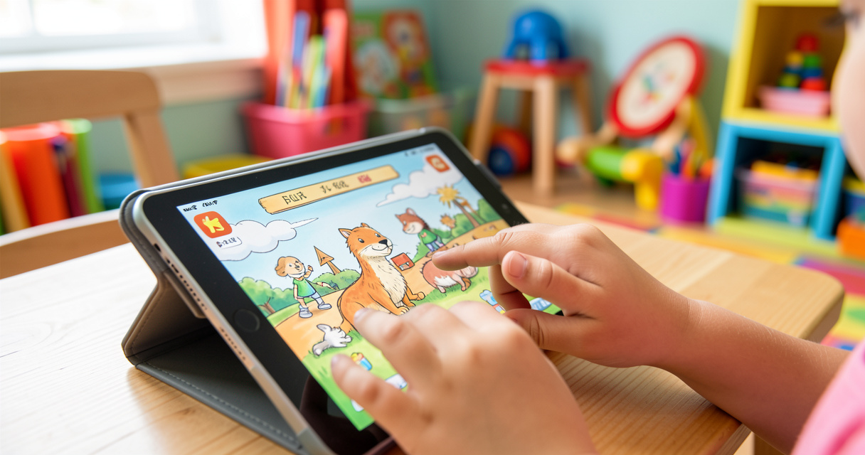 Mano de niño pequeño tocando una tablet con un juego educativo de colores