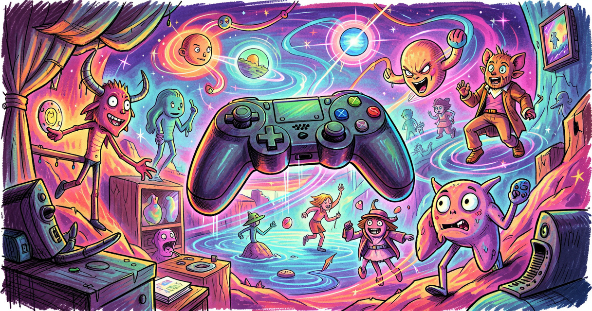 Escena surrealista de juegos raros con elementos flotantes y personajes extraños, arte digital