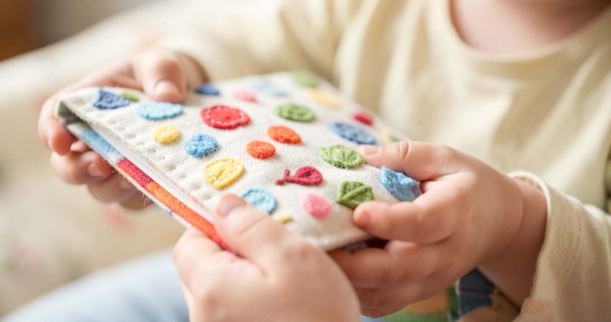 Manos de niño pequeño sujetando un libro de tela con texturas, ideal para el desarrollo sensorial a los 12 meses
