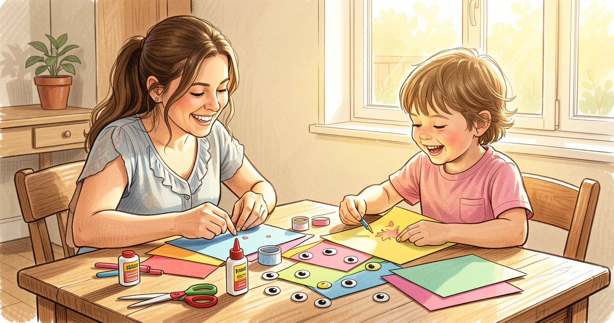 Madre e hijos haciendo manualidades con papel y pegamento en la mesa de casa