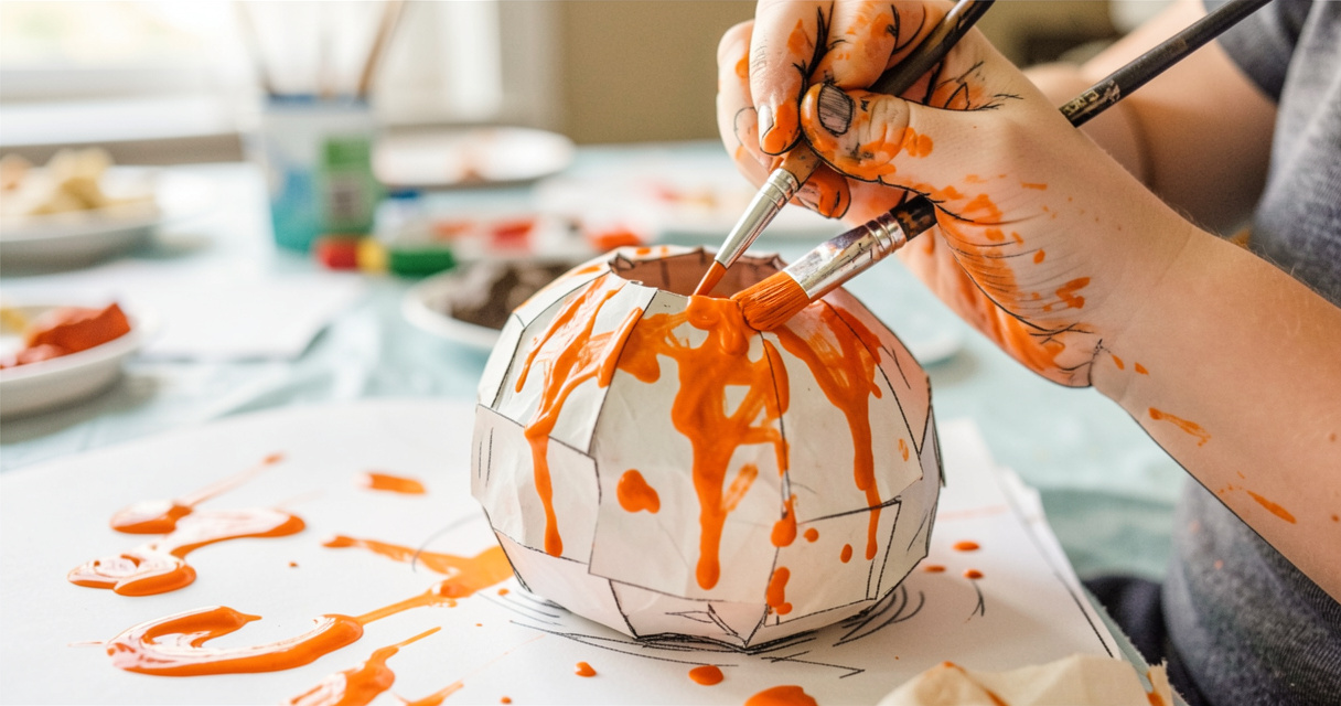 Manos de niño pintando una calabaza de papel maché naranja con pincel
