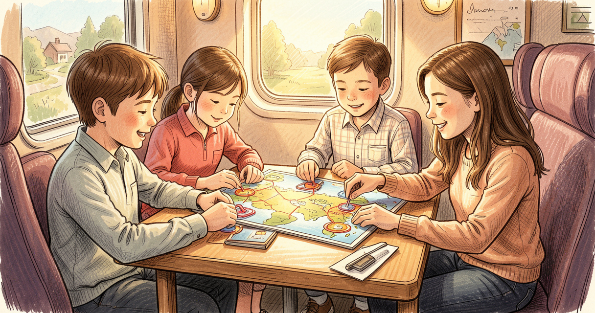 Familia jugando un juego magnético de viaje en un tren durante un viaje