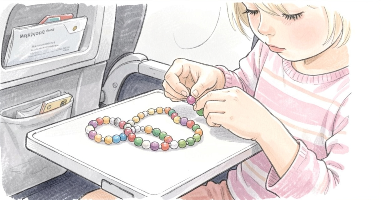 Niño pequeño ensartando cuentas de colores en un avión como juego de viaje