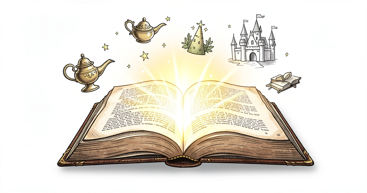 Libro antiguo abierto con luz mágica y símbolos de cuentos clásicos
