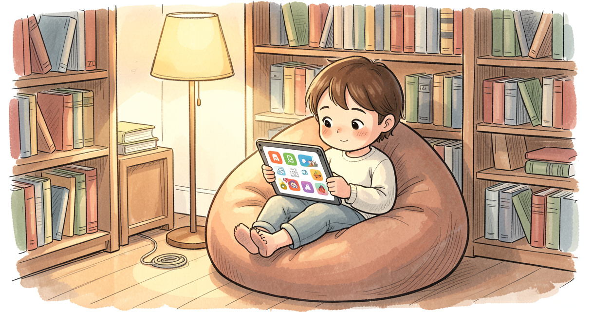 Niño leyendo cuentos cortos infantiles en tableta en rincón acogedor