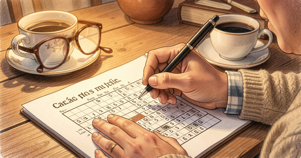 Persona resolviendo un mots encreuats en català en un ambiente acogedor con bolígrafo y café