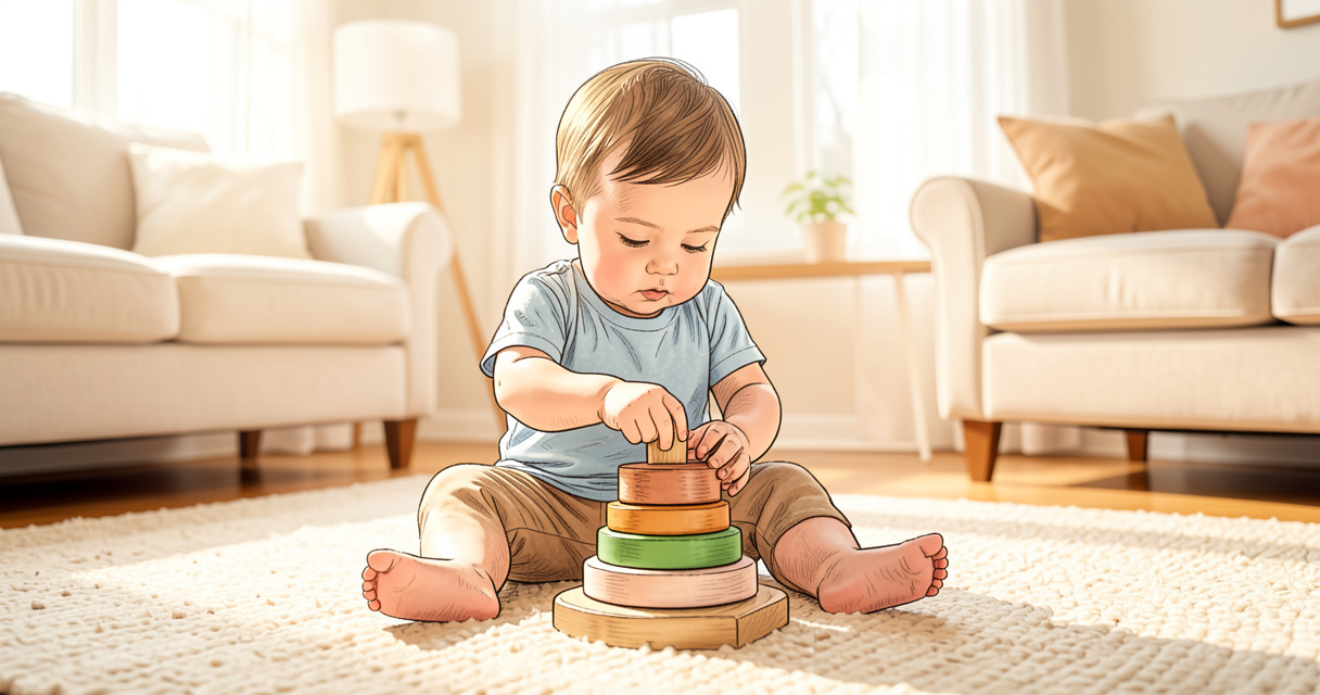 Bebé de 1 año jugando con juguetes de madera apilables y bloques de colores
