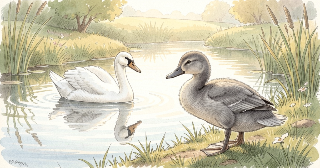 Patito feo gris reflejándose en un estanque mientras descubre que es un cisne