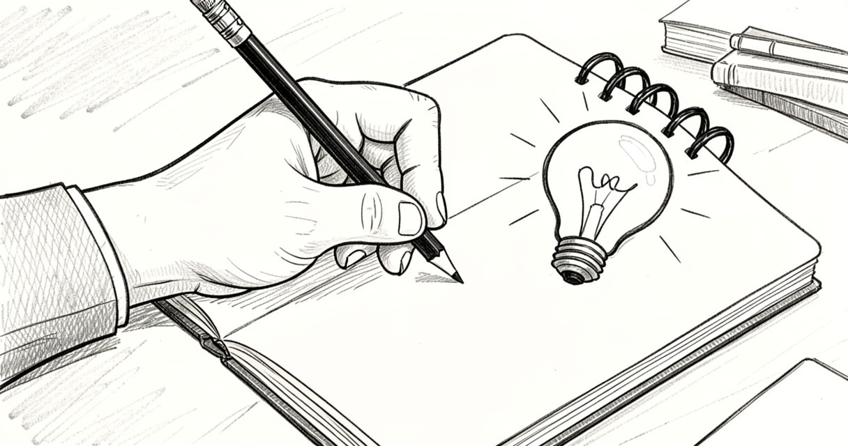 Mano escribiendo una idea con bombilla dibujada en un cuaderno, representando la solución de un acertijo con respuesta.