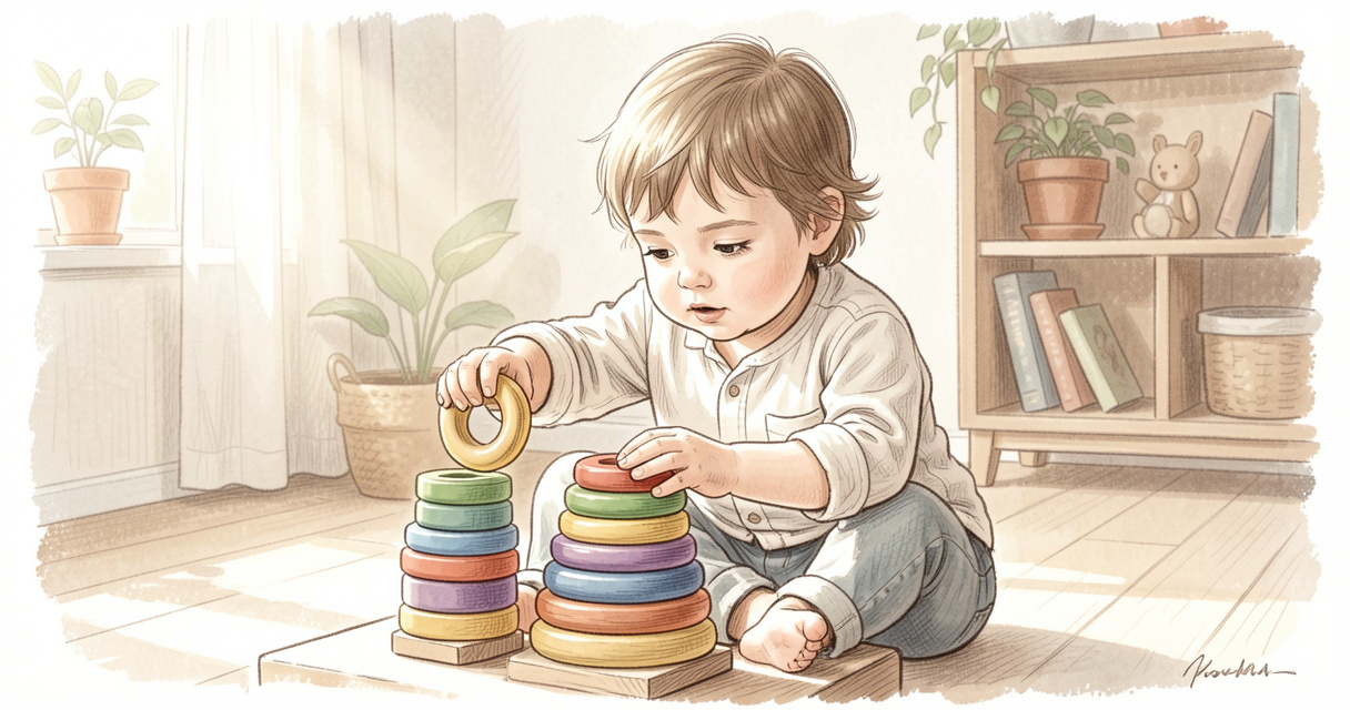 Niño de 2 años apilando anillas de madera, juguete de motricidad fina