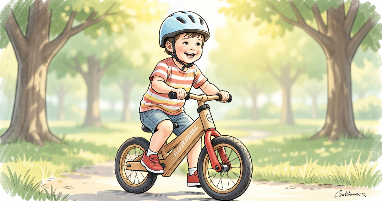Niño de 2 años montando una bicicleta de equilibrio sin pedales en el parque