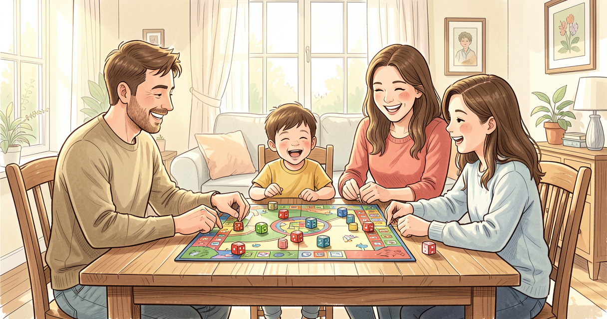 Familia jugando a un juego de mesa para niños en una tarde de diversión y aprendizaje.