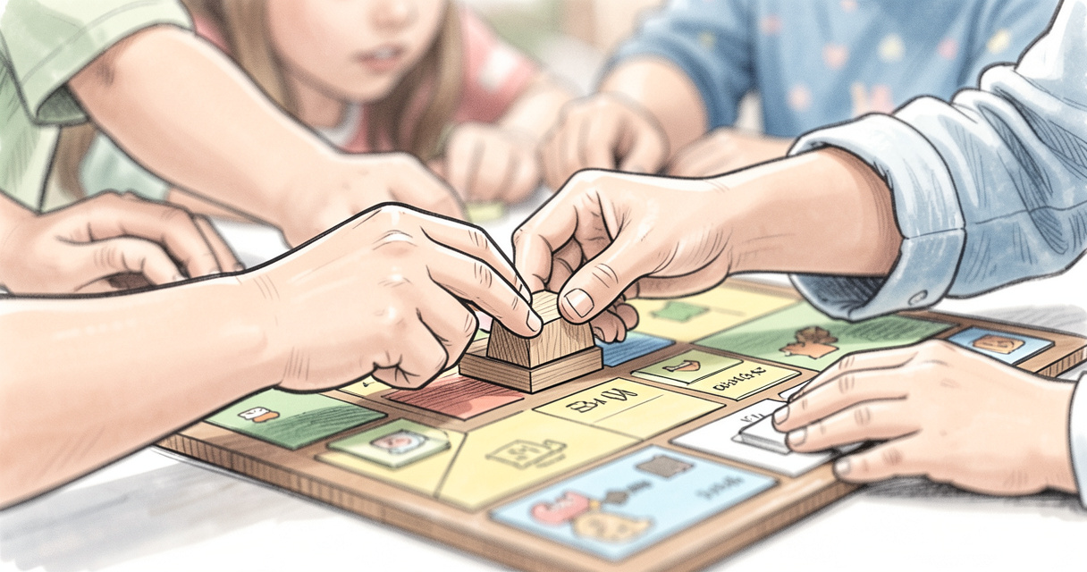 Manos de niños colocando una pieza en un juego de mesa cooperativo infantil, desarrollo de habilidades.