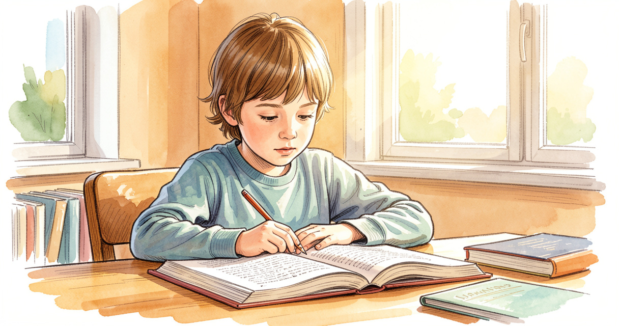 Niño leyendo un libro de comprensión lectora en tercero de primaria con expresión reflexiva