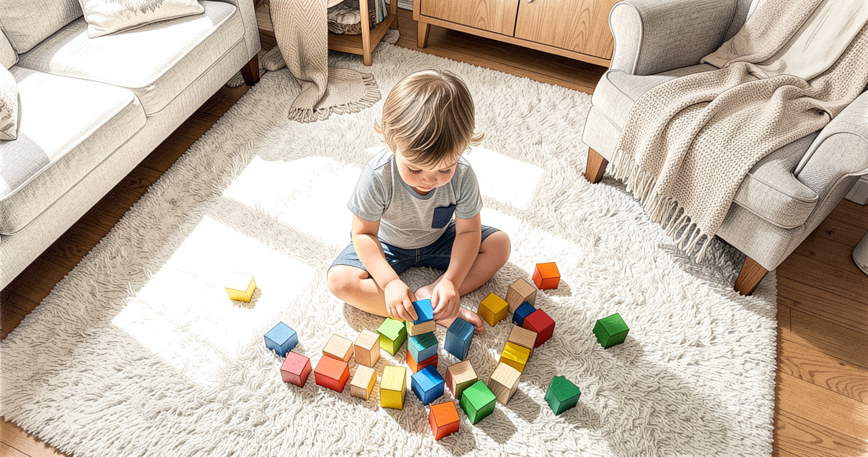 Niño de 2 años jugando con bloques de madera coloridos en la alfombra de la sala