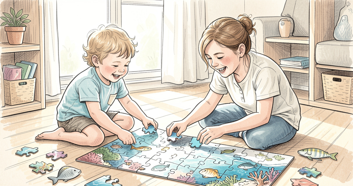 Madre e hijo resolviendo un puzzle XXL del océano, juguete educativo para niños de 2 años